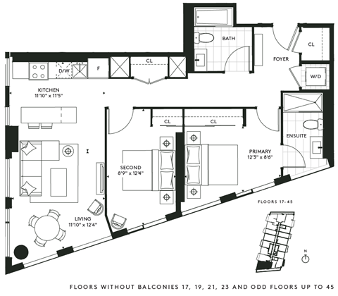 Floor plan for 2 beds, 2 baths, 968 sqft